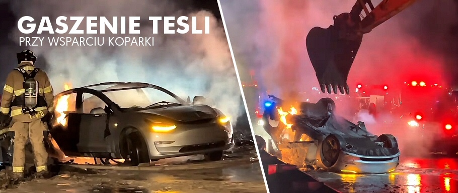 Płonąca Tesla na autostradzie ugaszona przy wsparciu... koparki!