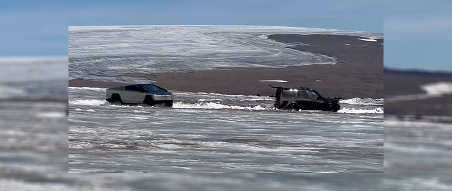 Cybertruck Tesli zauważony na islandzkim lodowcu podczas kręcenia filmu promocyjnego.